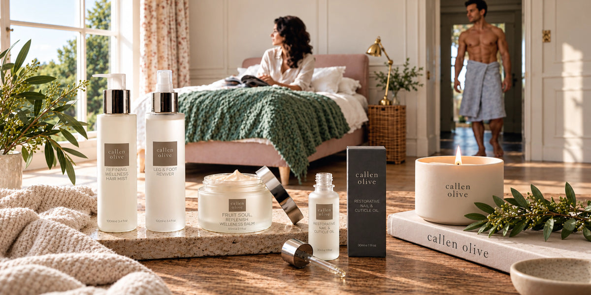 Callen Olive luxury foot and body care collection with wellness balm, nail oil and leg and foot care products